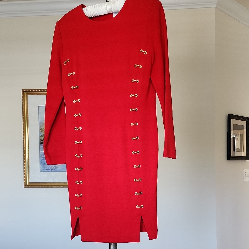 Adrienne Vittadini Petites Vintage Red Dress with Gold Grommet Details